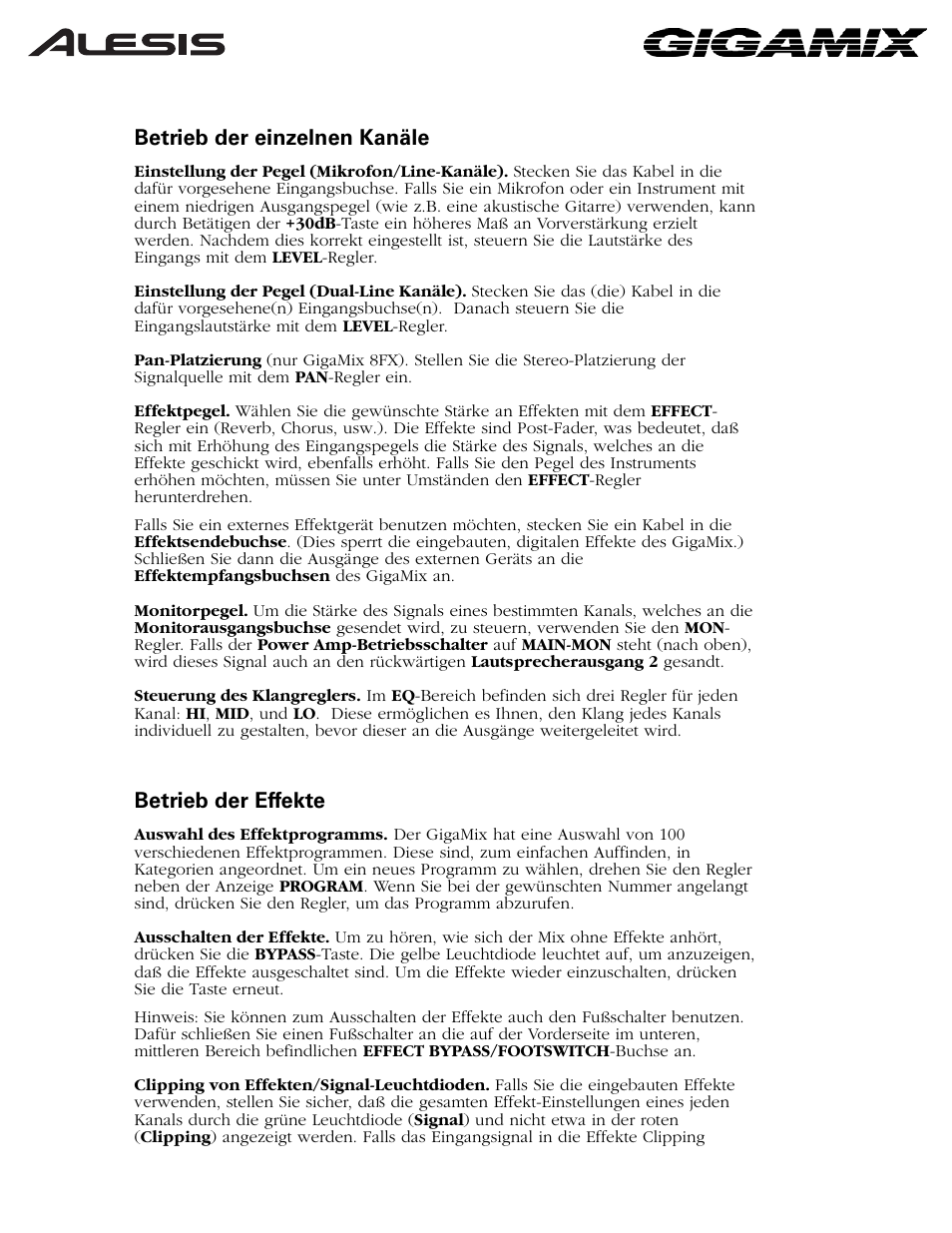Betrieb der einzelnen kanäle, Betrieb der effekte | ALESIS 6FX User Manual | Page 27 / 58