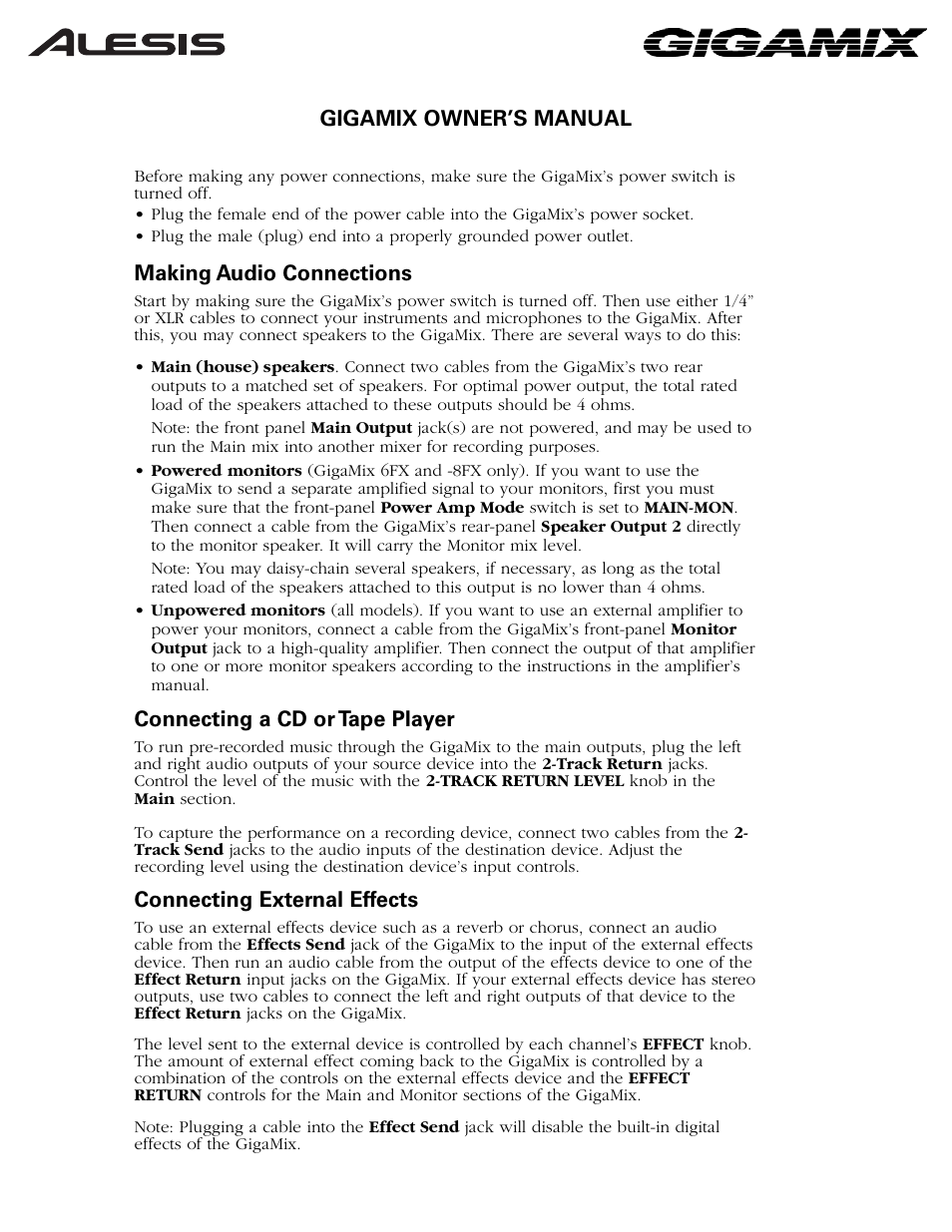 Gigamix owner’s manual, Making audio connections, Connecting a cd or tape player | Connecting external effects | ALESIS 6FX User Manual | Page 3 / 58