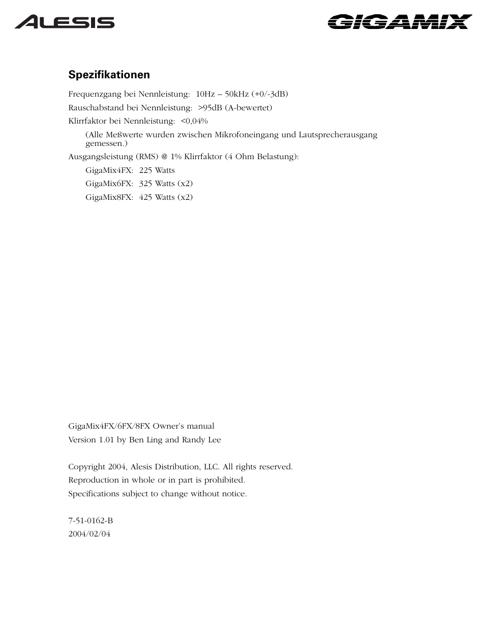 Spezifikationen | ALESIS 6FX User Manual | Page 35 / 58