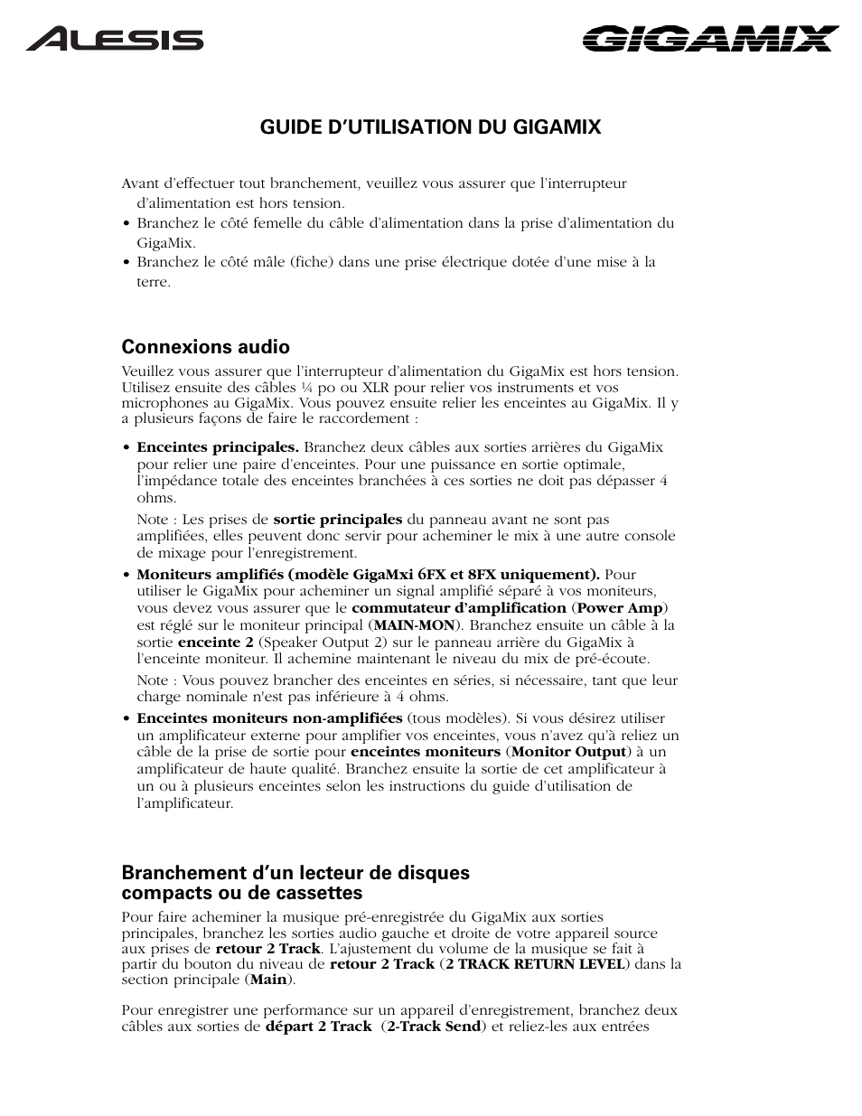 Guide d’utilisation du gigamix, Connexions audio | ALESIS 6FX User Manual | Page 36 / 58