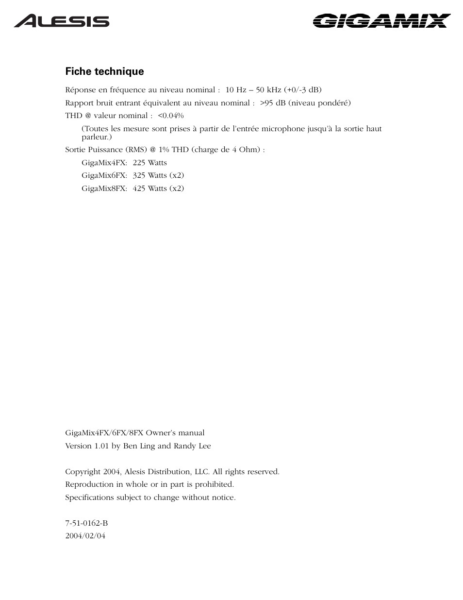 Fiche technique | ALESIS 6FX User Manual | Page 48 / 58