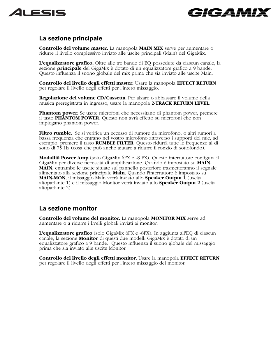 La sezione principale, La sezione monitor | ALESIS 6FX User Manual | Page 52 / 58