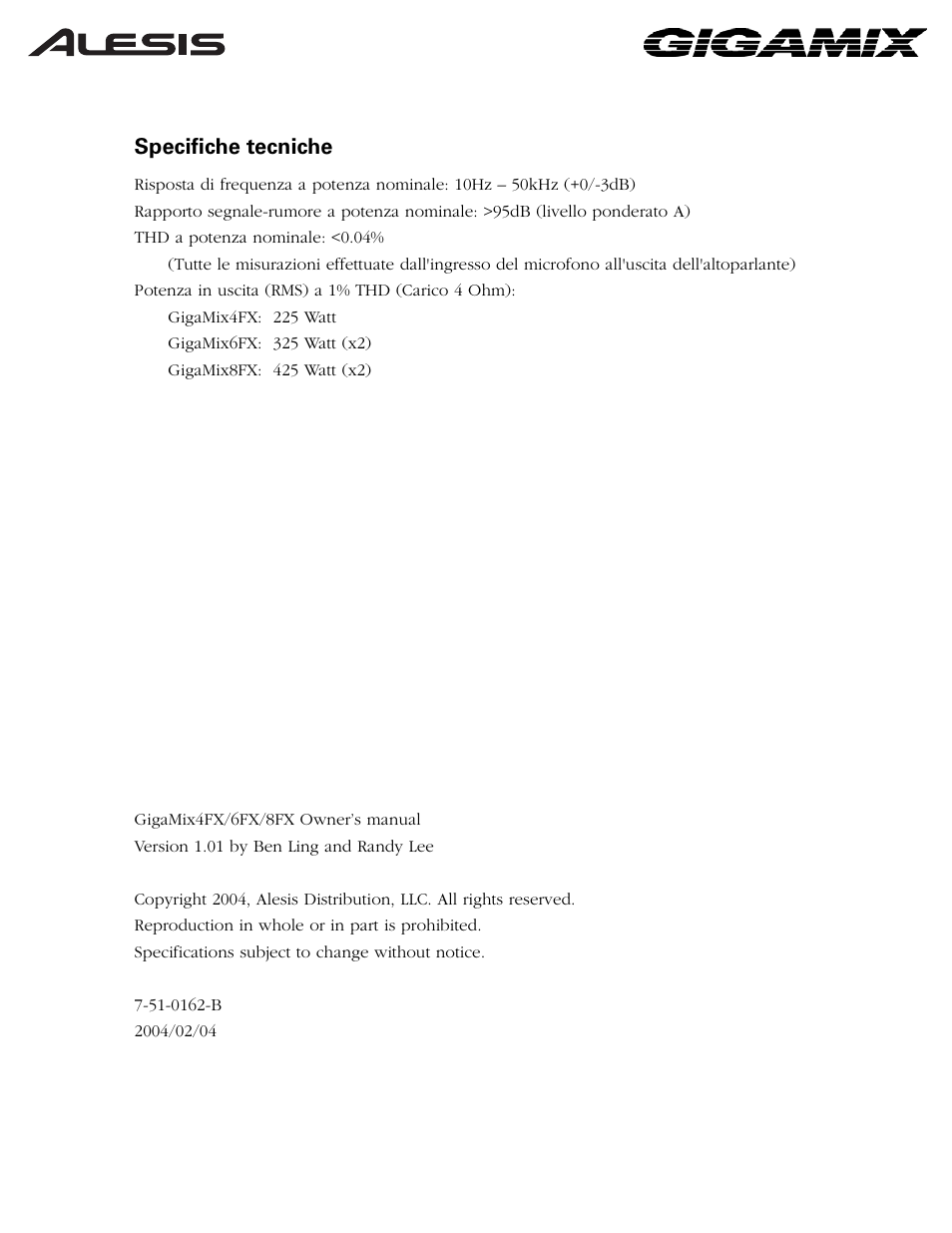 Specifiche tecniche | ALESIS 6FX User Manual | Page 58 / 58