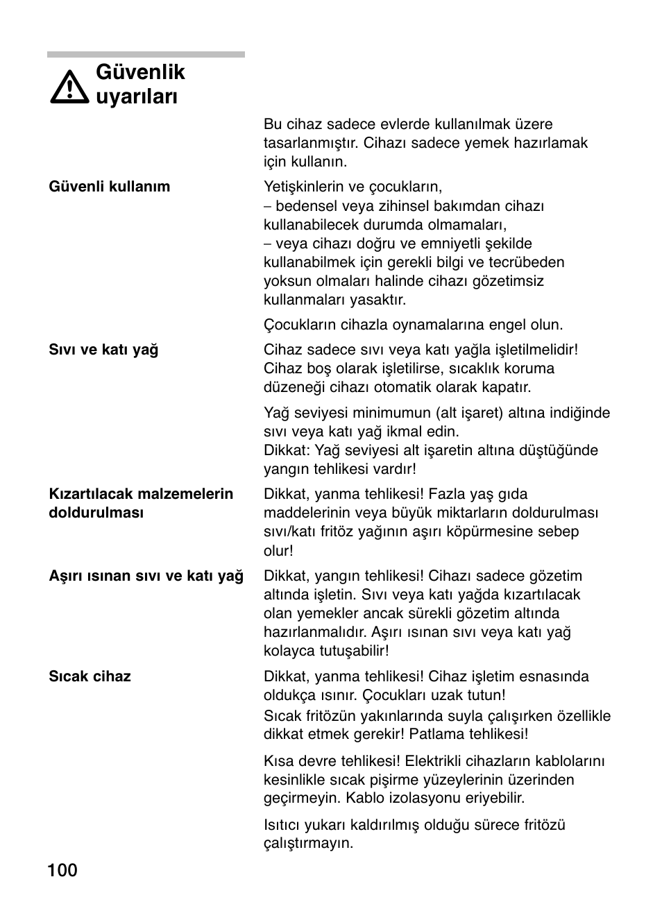 Güvenlik, Uyarıları | Siemens ET375GA11E User Manual | Page 100 / 112