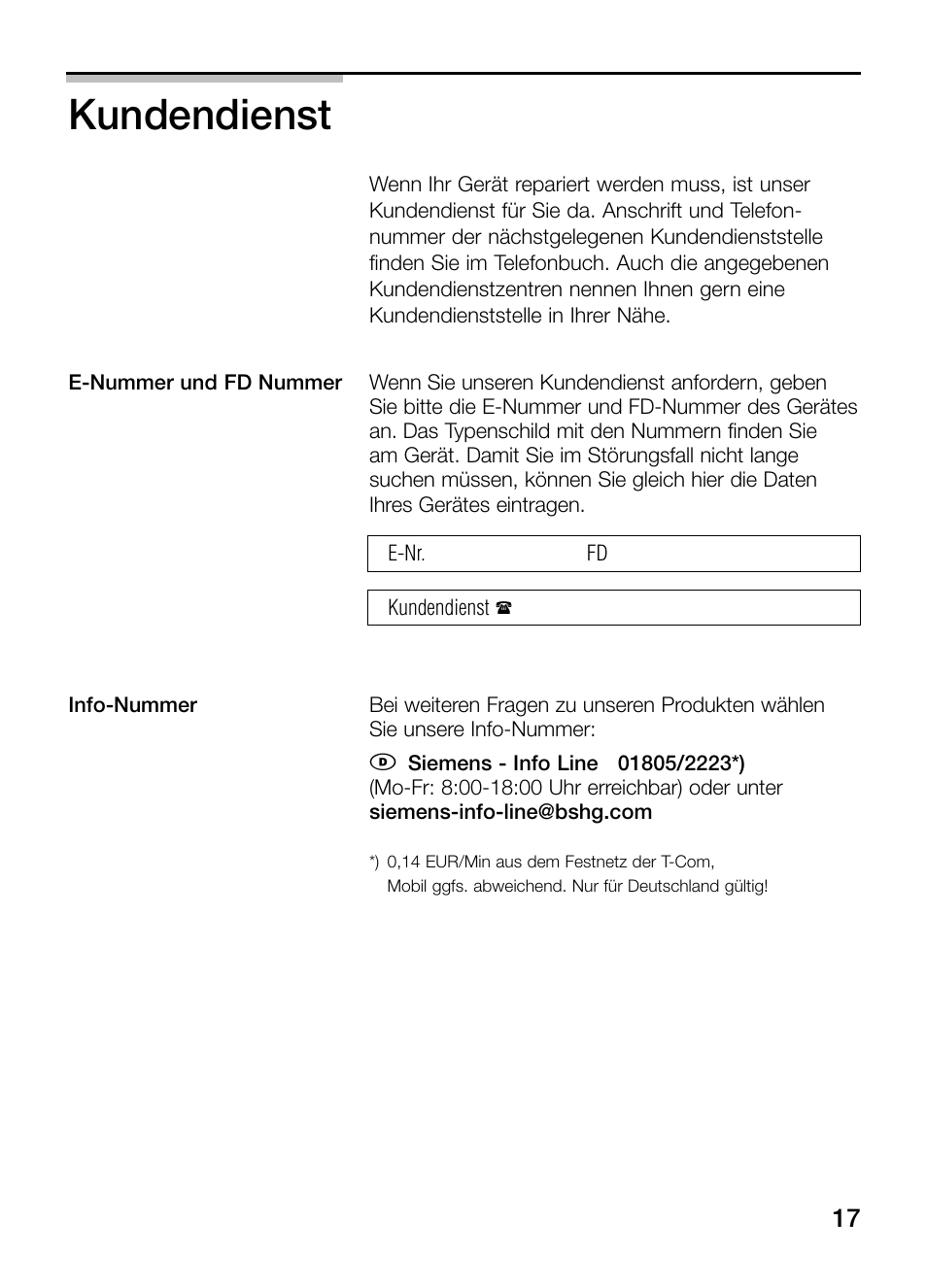 Kundendienst | Siemens ET375GA11E User Manual | Page 17 / 112