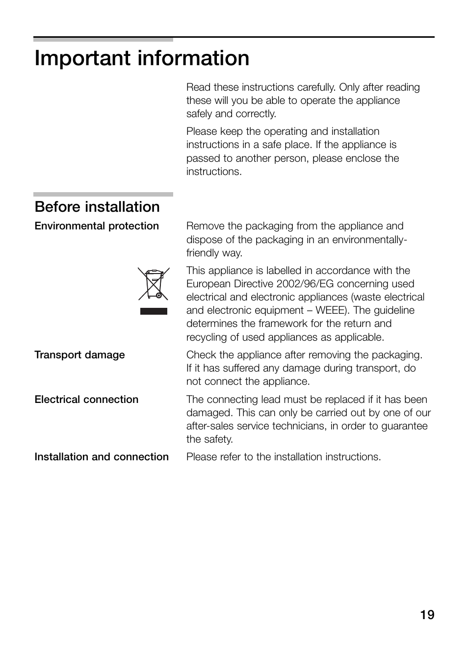 Important information, Before installation | Siemens ET375GA11E User Manual | Page 19 / 112