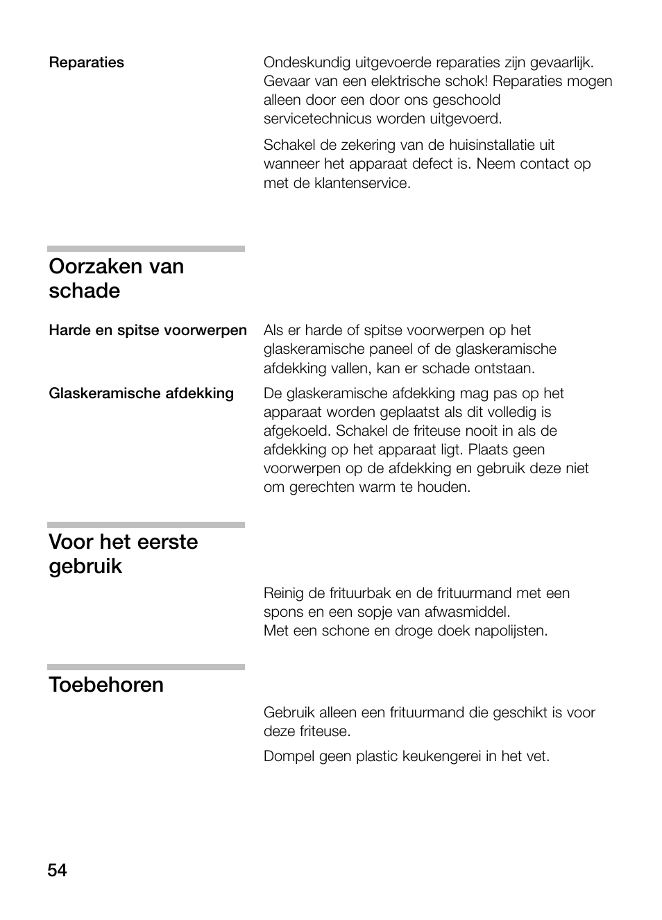 Oorzaken van schade, Voor het eerste gebruik, Toebehoren | Siemens ET375GA11E User Manual | Page 54 / 112