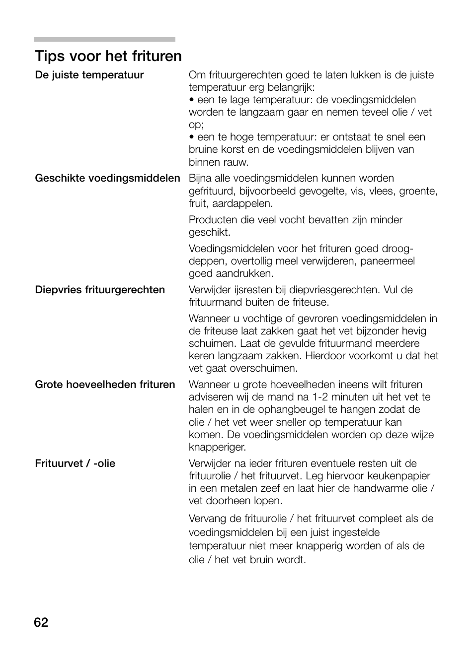 Tips voor het frituren | Siemens ET375GA11E User Manual | Page 62 / 112