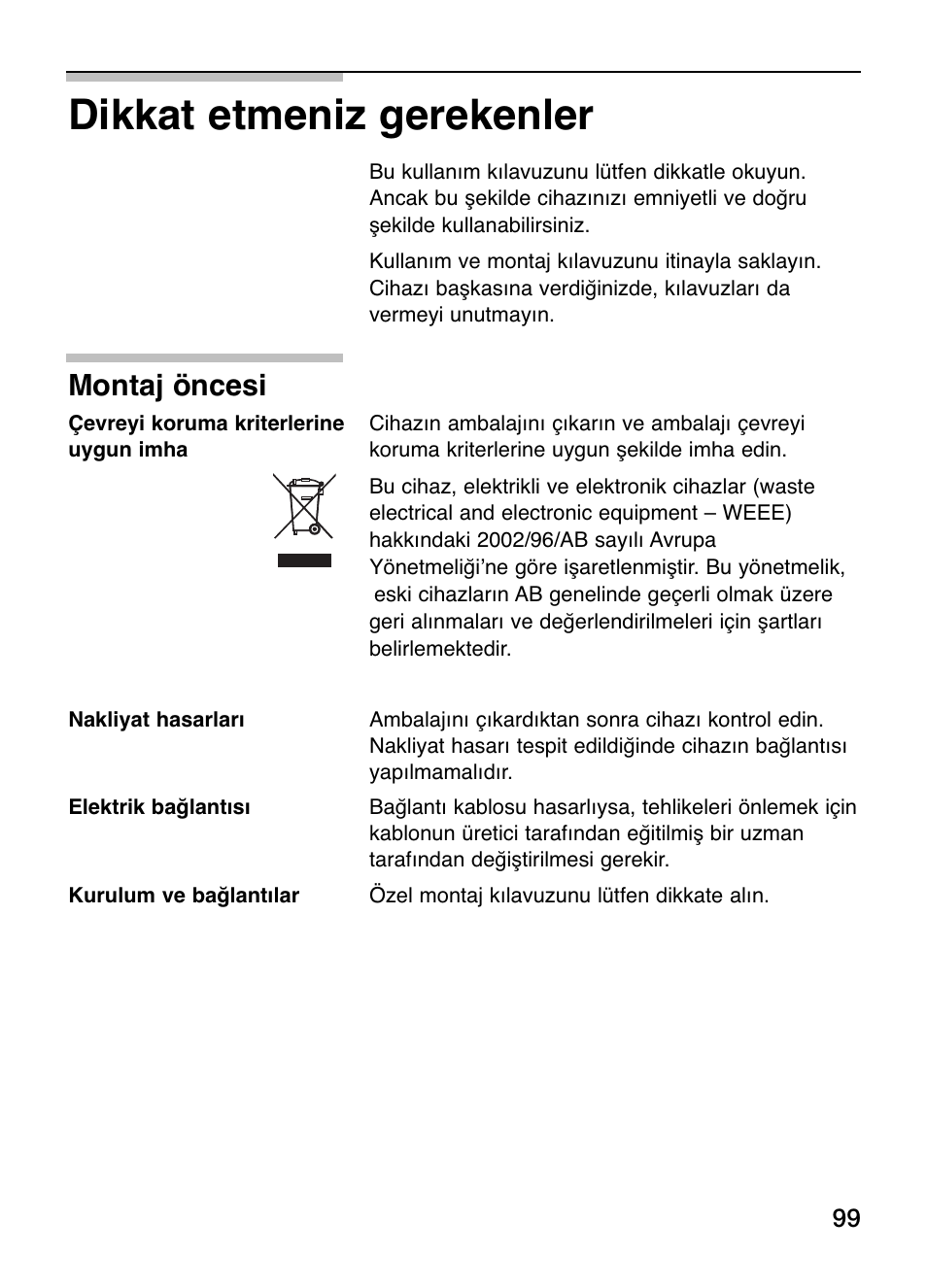 Dikkat etmeniz gerekenler, Montaj öncesi | Siemens ET375GA11E User Manual | Page 99 / 112