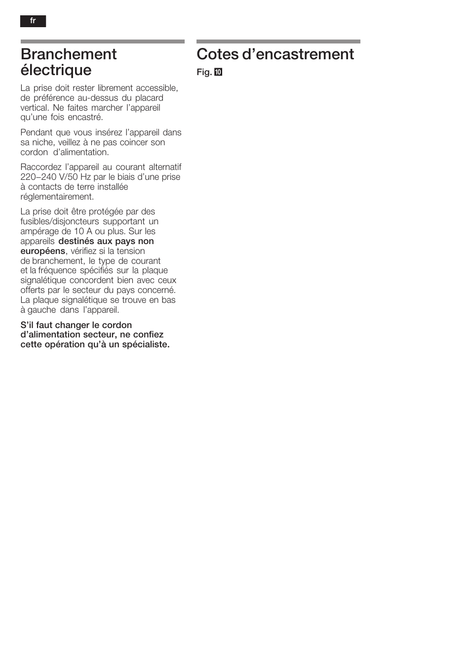 Branchement électrique, Cotes d'encastrement | Siemens KF18WA41IE User Manual | Page 10 / 28