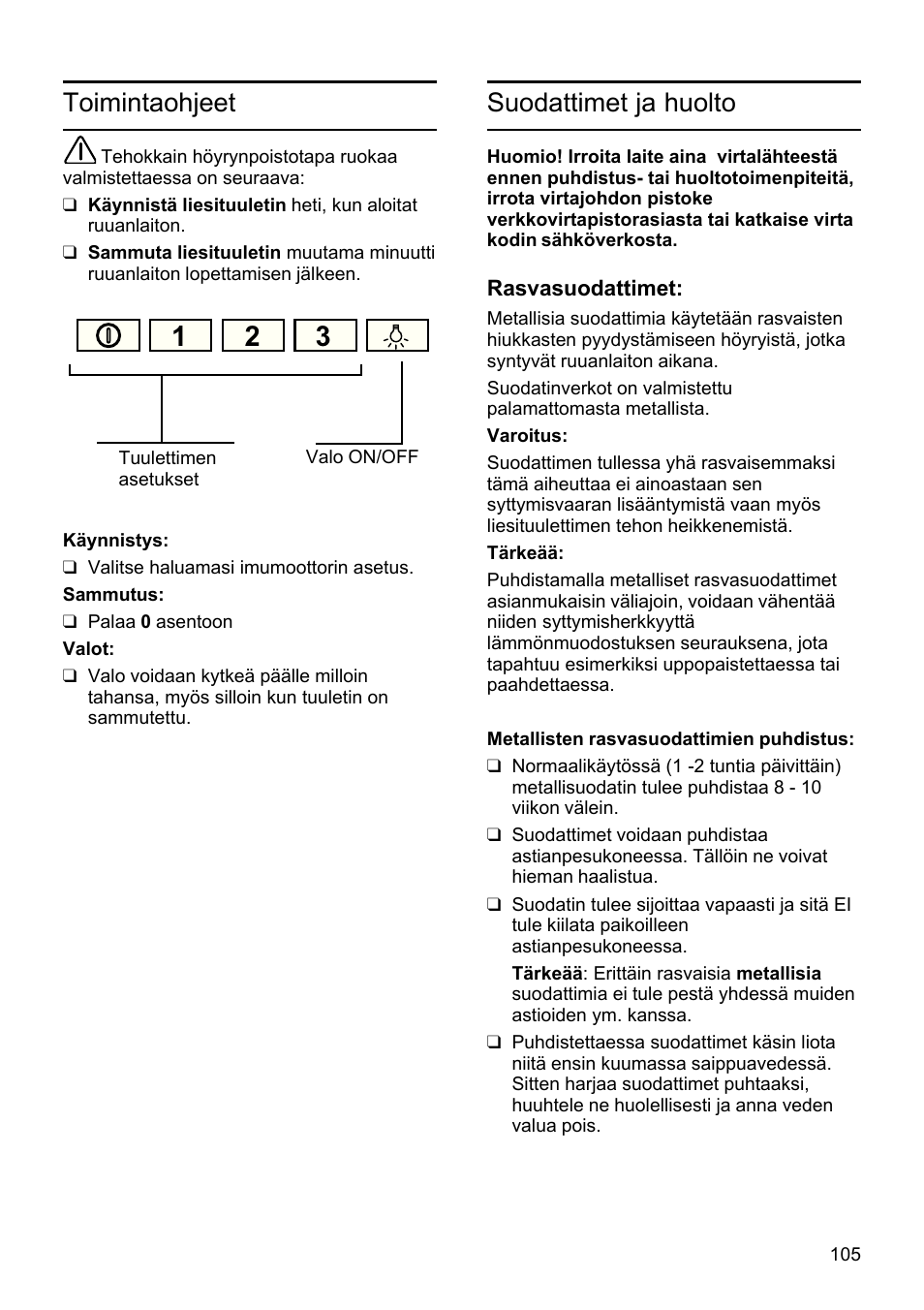 Toimintaohjeet, Suodattimet ja huolto | Siemens LU19050 User Manual | Page 105 / 128