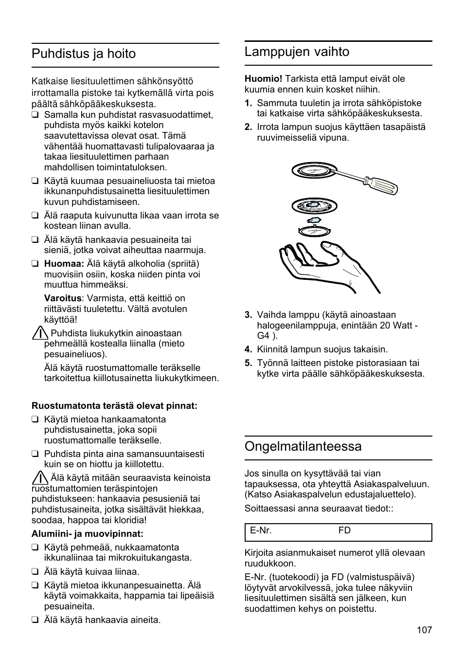 Lamppujen vaihto, Puhdistus ja hoito, Ongelmatilanteessa | Siemens LU19050 User Manual | Page 107 / 128