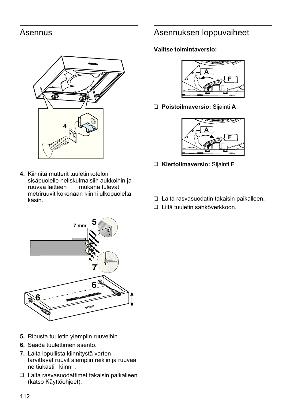 Asennus asennuksen loppuvaiheet | Siemens LU19050 User Manual | Page 112 / 128