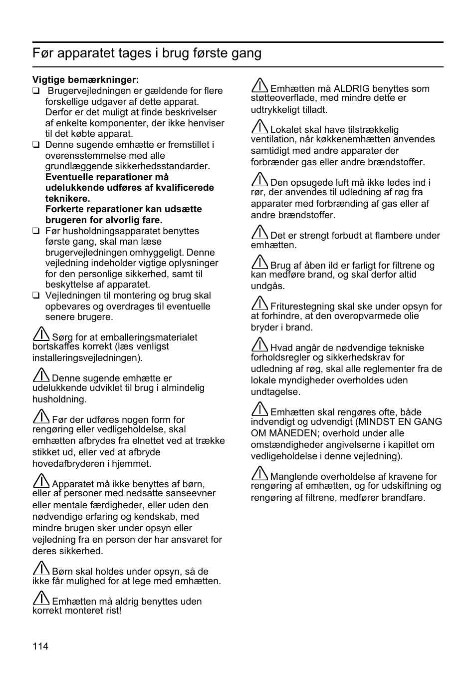 Før apparatet tages i brug første gang | Siemens LU19050 User Manual | Page 114 / 128