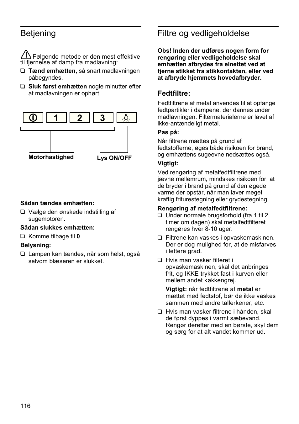 Betjening, Filtre og vedligeholdelse | Siemens LU19050 User Manual | Page 116 / 128