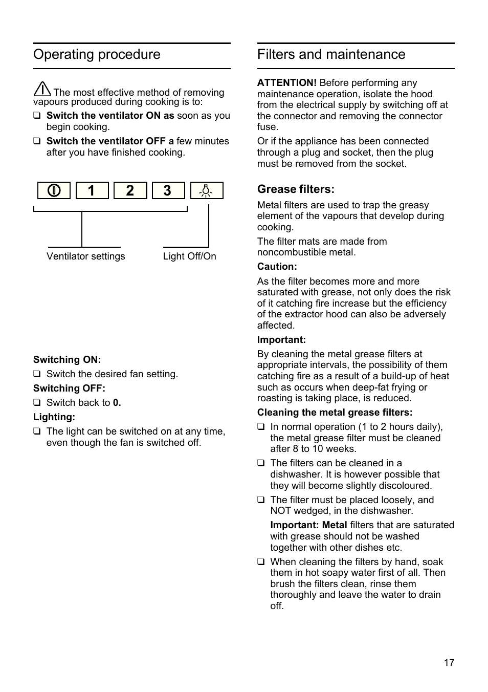 Operating procedure, Filters and maintenance | Siemens LU19050 User Manual | Page 17 / 128