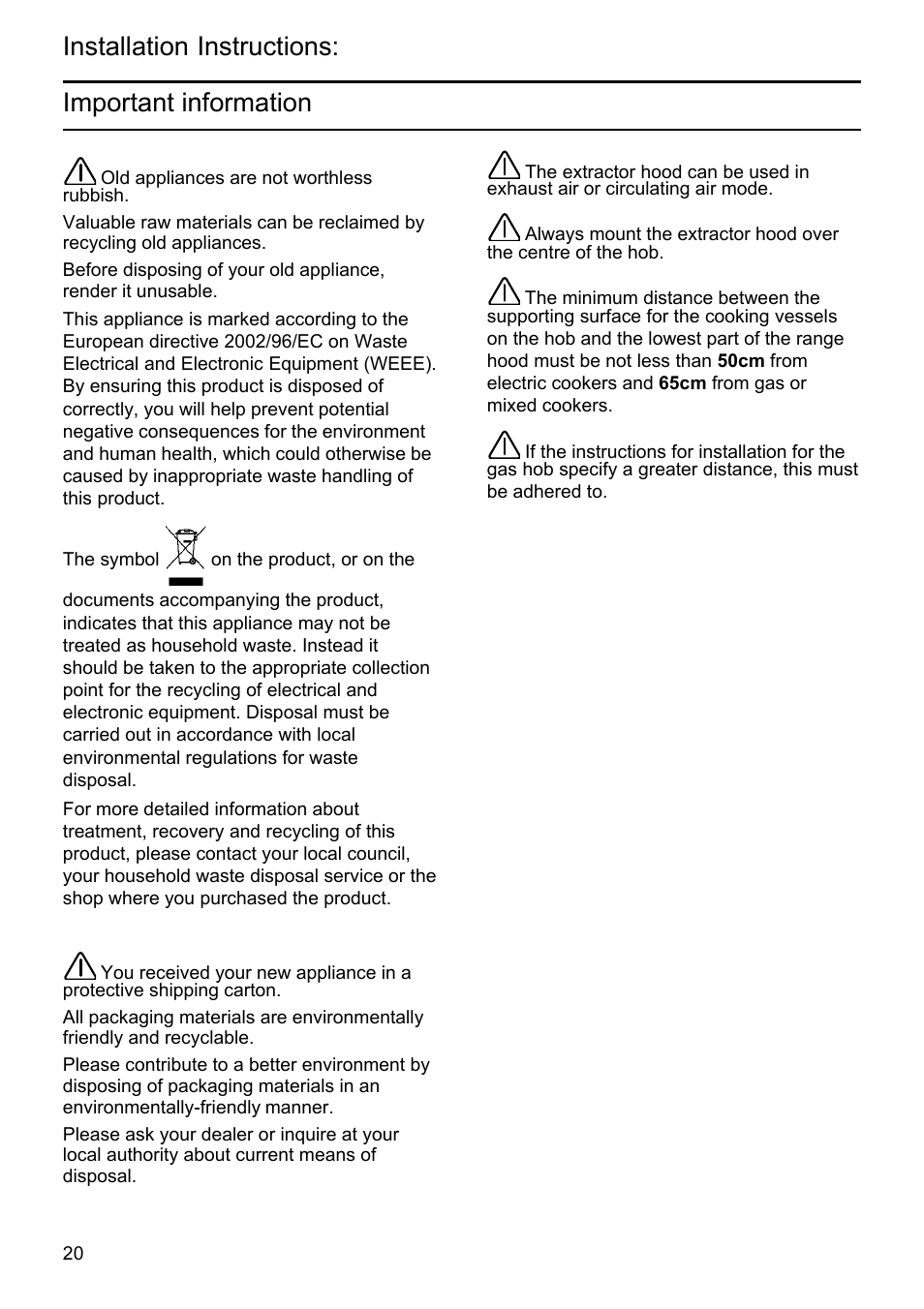 Installation instructions: important information | Siemens LU19050 User Manual | Page 20 / 128