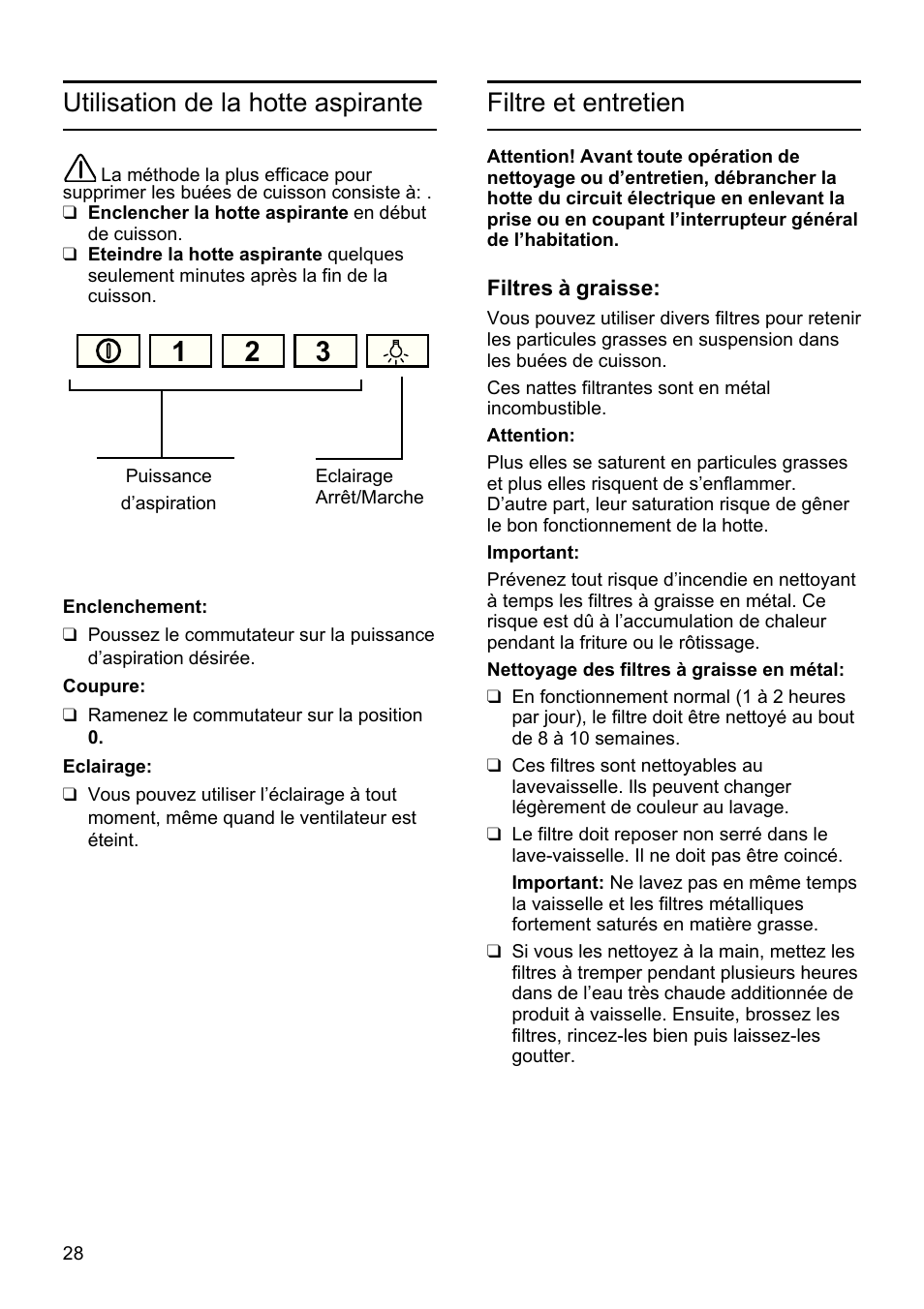 Filtre et entretien, Utilisation de la hotte aspirante | Siemens LU19050 User Manual | Page 28 / 128