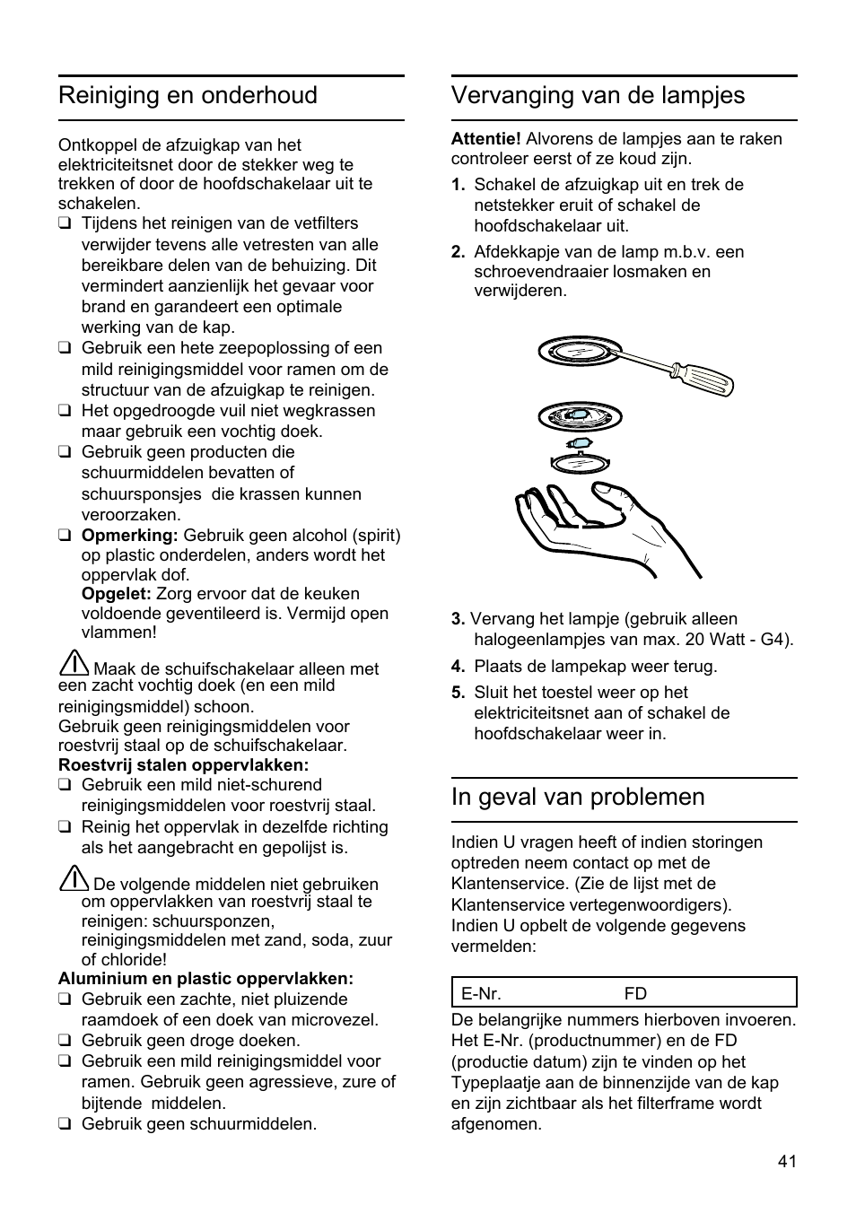 Vervanging van de lampjes, Reiniging en onderhoud | Siemens LU19050 User Manual | Page 41 / 128