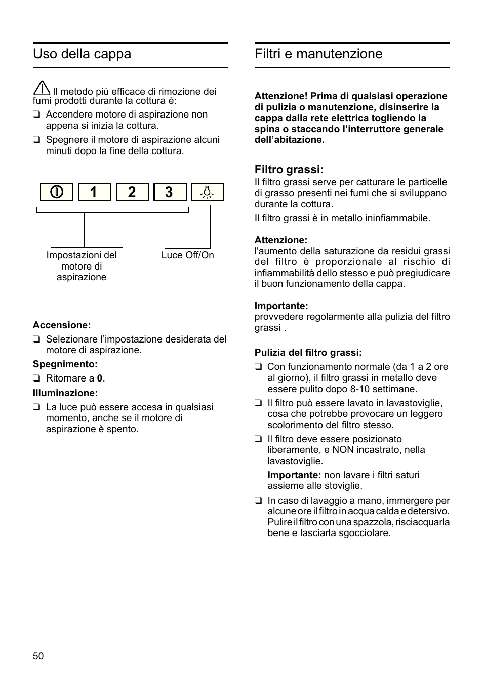 Filtri e manutenzione, Uso della cappa | Siemens LU19050 User Manual | Page 50 / 128