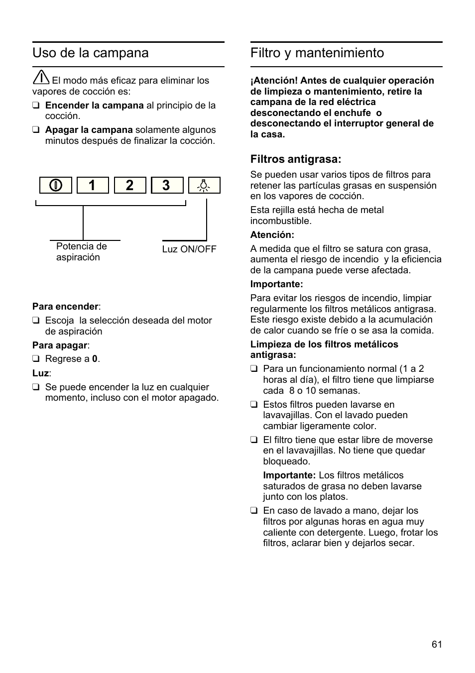Uso de la campana, Filtro y mantenimiento | Siemens LU19050 User Manual | Page 61 / 128