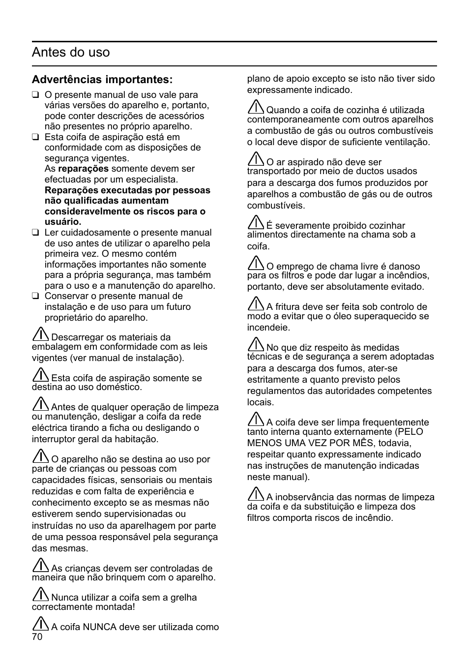 Antes do uso | Siemens LU19050 User Manual | Page 70 / 128