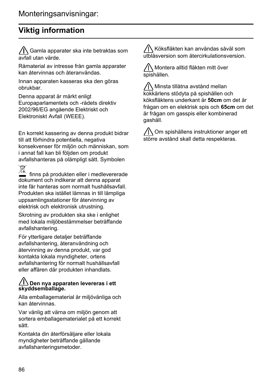 Monteringsanvisningar: viktig information | Siemens LU19050 User Manual | Page 86 / 128