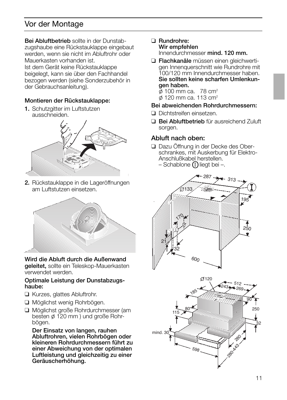 Vor der montage, Abluft nach oben | Siemens LI23031 User Manual | Page 11 / 96