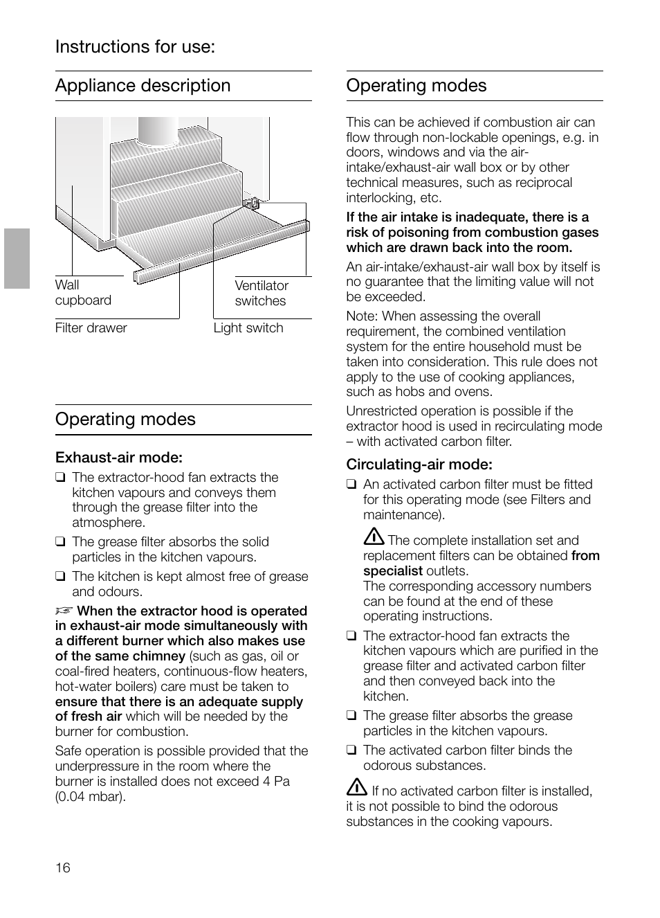 Appliance description operating modes, Operating modes, Instructions for use | Siemens LI23031 User Manual | Page 16 / 96