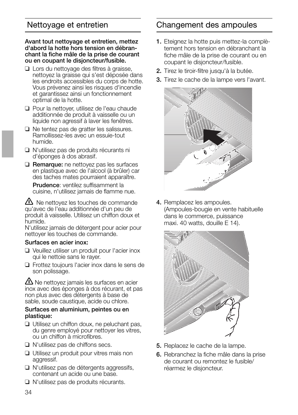 Changement des ampoules, Nettoyage et entretien | Siemens LI23031 User Manual | Page 34 / 96