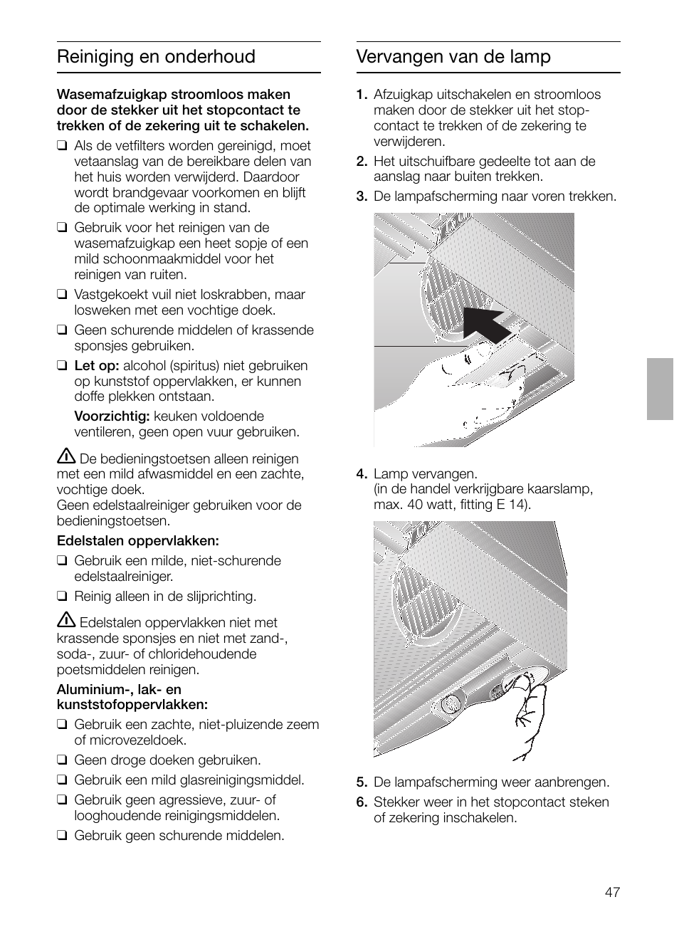 Vervangen van de lamp, Reiniging en onderhoud | Siemens LI23031 User Manual | Page 47 / 96