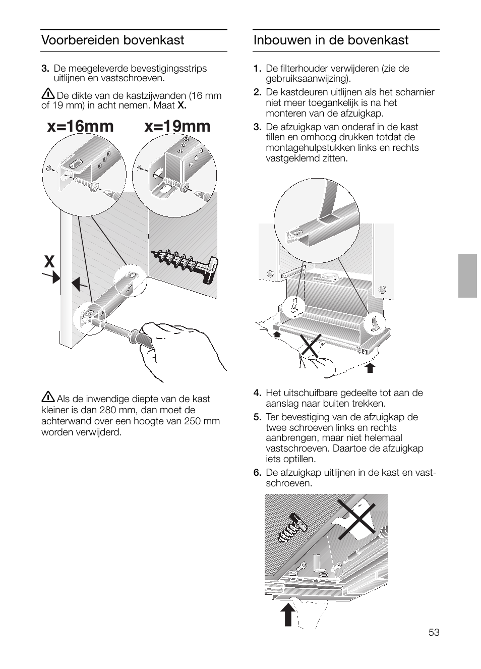 Xx=16mm x=19mm, Voorbereiden bovenkast inbouwen in de bovenkast | Siemens LI23031 User Manual | Page 53 / 96