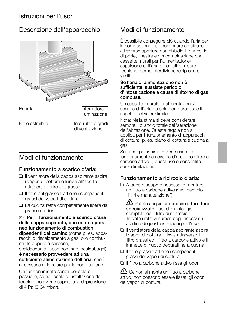 Descrizione dell'apparecchio modi di funzionamento, Modi di funzionamento istruzioni per l’uso | Siemens LI23031 User Manual | Page 55 / 96