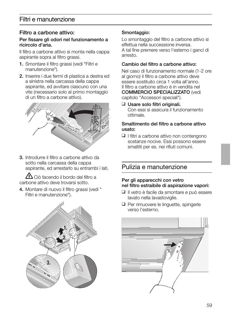 Filtri e manutenzione, Pulizia e manutenzione | Siemens LI23031 User Manual | Page 59 / 96