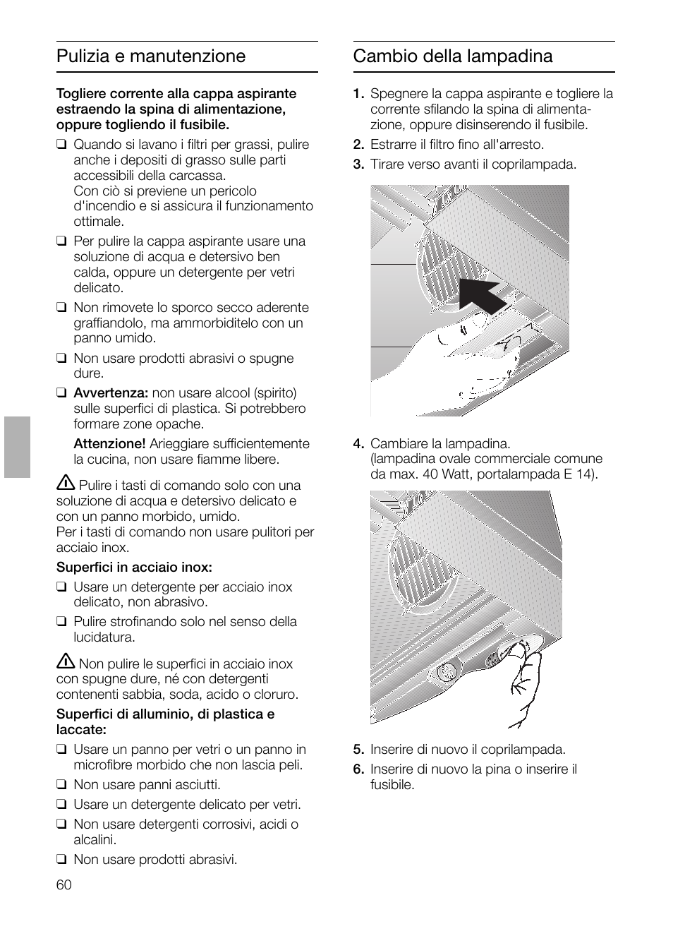 Cambio della lampadina, Pulizia e manutenzione | Siemens LI23031 User Manual | Page 60 / 96