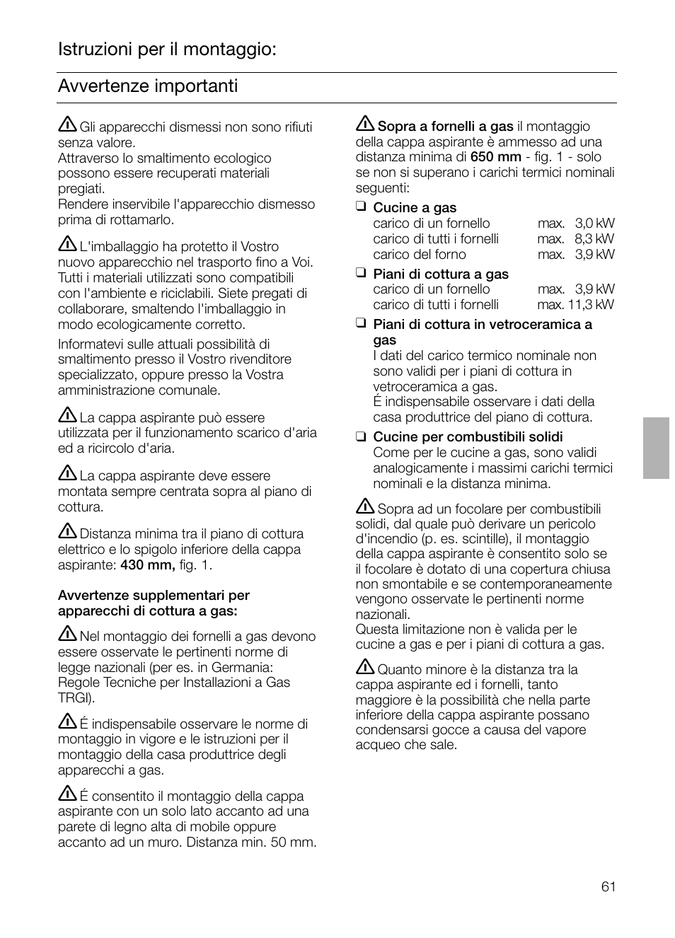 Avvertenze importanti istruzioni per il montaggio | Siemens LI23031 User Manual | Page 61 / 96