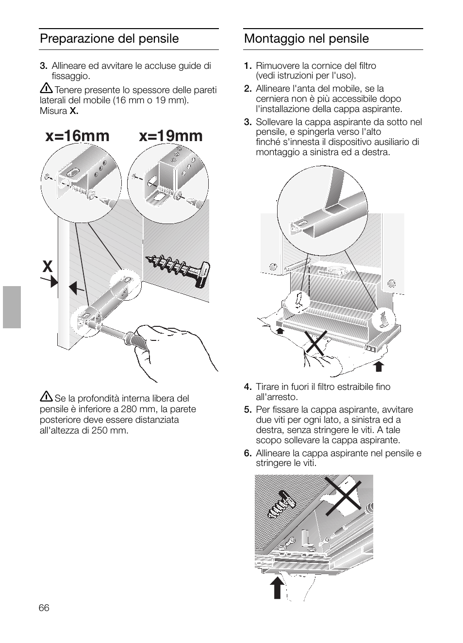 Xx=16mm x=19mm, Preparazione del pensile montaggio nel pensile | Siemens LI23031 User Manual | Page 66 / 96
