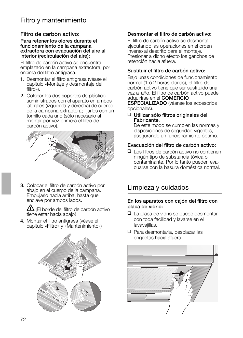 Filtro y mantenimiento, Limpieza y cuidados | Siemens LI23031 User Manual | Page 72 / 96