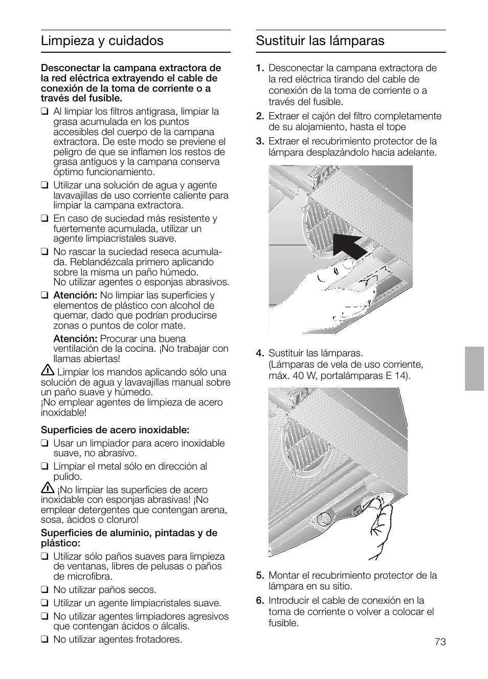 Sustituir las lámparas, Limpieza y cuidados | Siemens LI23031 User Manual | Page 73 / 96