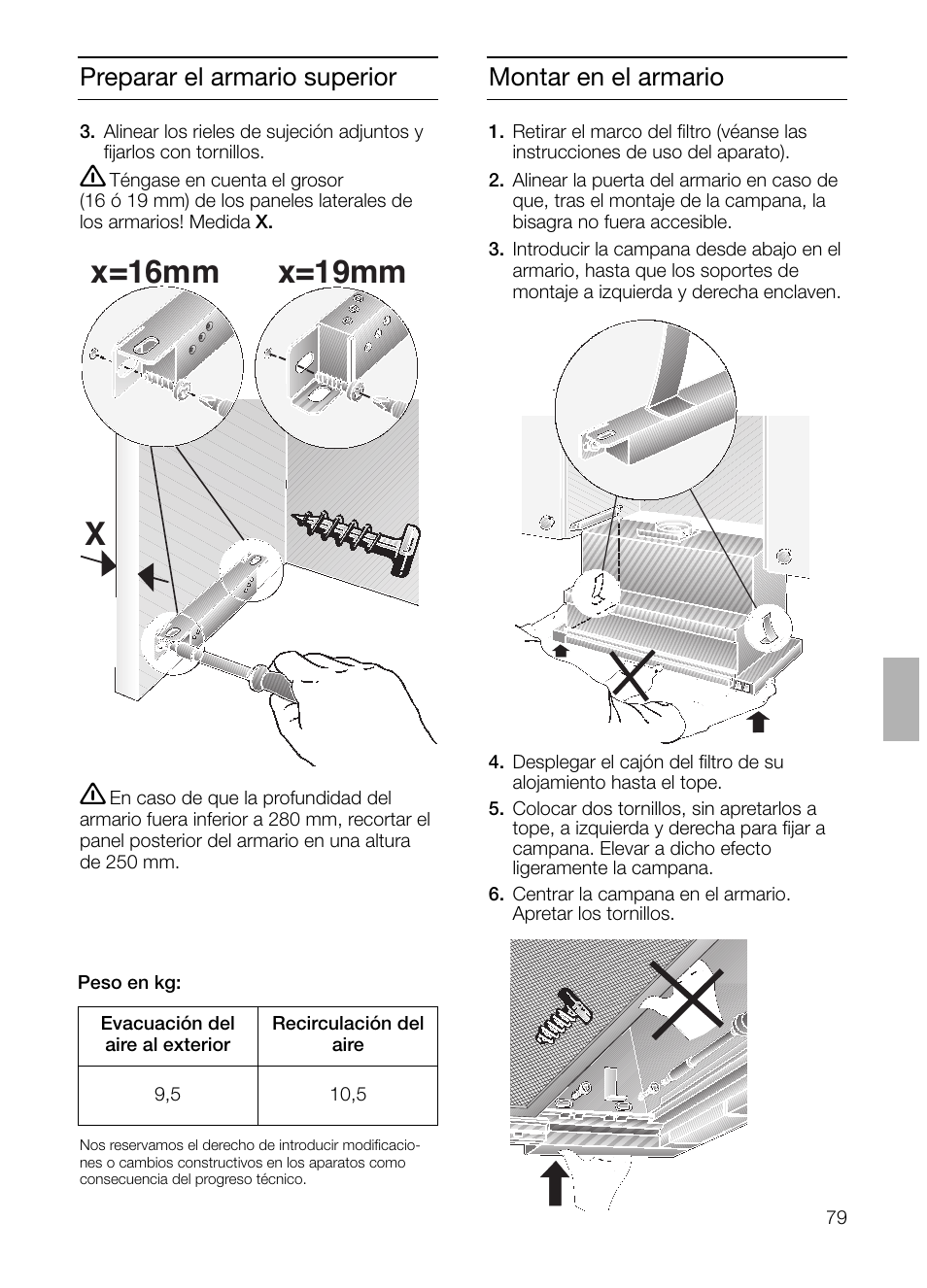 Xx=16mm x=19mm, Preparar el armario superior montar en el armario | Siemens LI23031 User Manual | Page 79 / 96