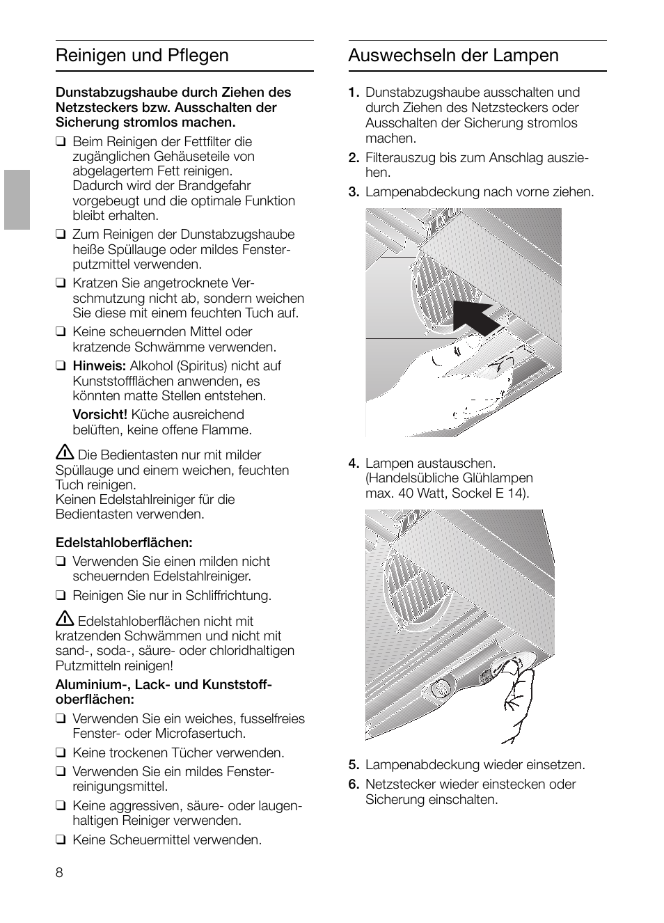 Reinigen und pflegen, Auswechseln der lampen | Siemens LI23031 User Manual | Page 8 / 96