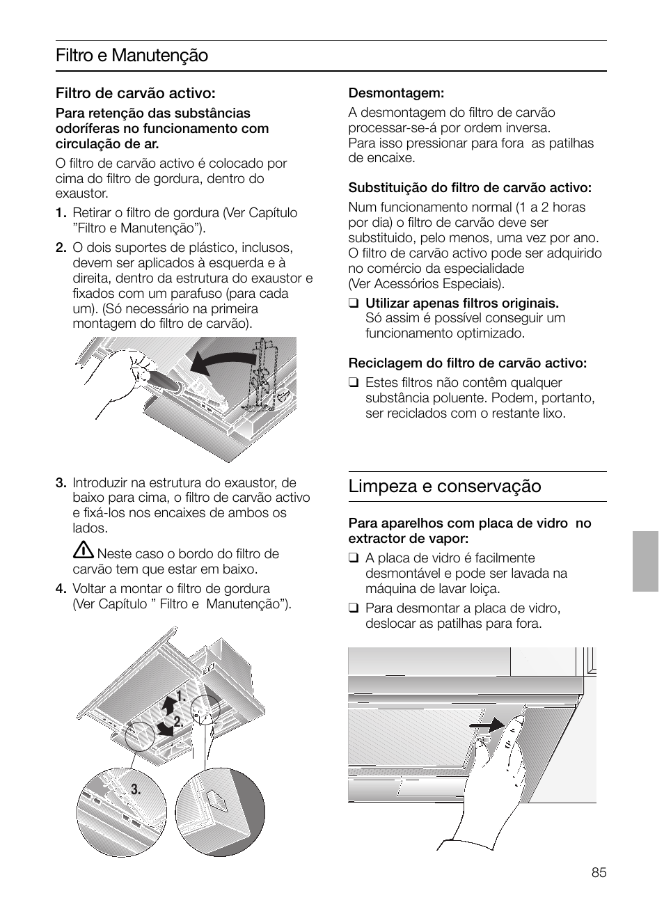 Filtro e manutenção, Limpeza e conservação | Siemens LI23031 User Manual | Page 85 / 96