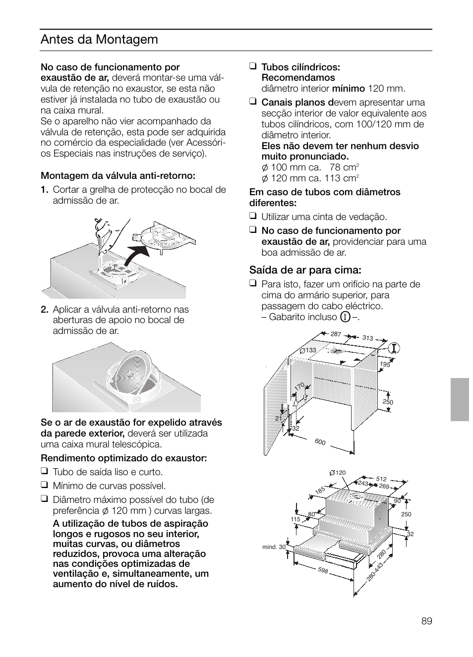 Antes da montagem, Saída de ar para cima | Siemens LI23031 User Manual | Page 89 / 96