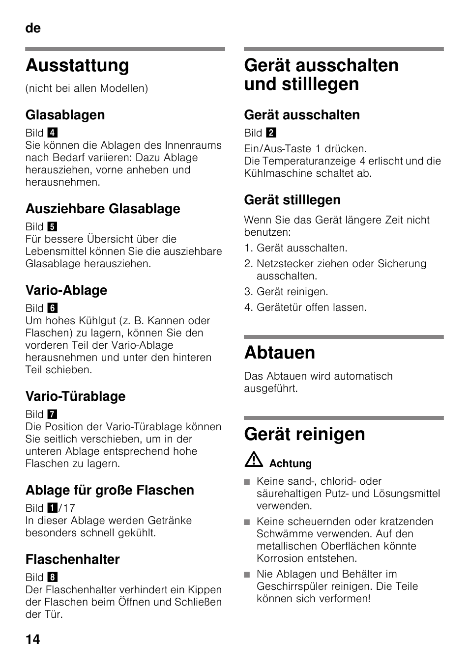 Ausstattung, Glasablagen, Ausziehbare glasablage | Vario-ablage, Vario-türablage, Ablage für große flaschen, Flaschenhalter, Gerät ausschalten und stilllegen, Gerät ausschalten, Gerät stilllegen | Siemens KI41FAD30 User Manual | Page 14 / 87