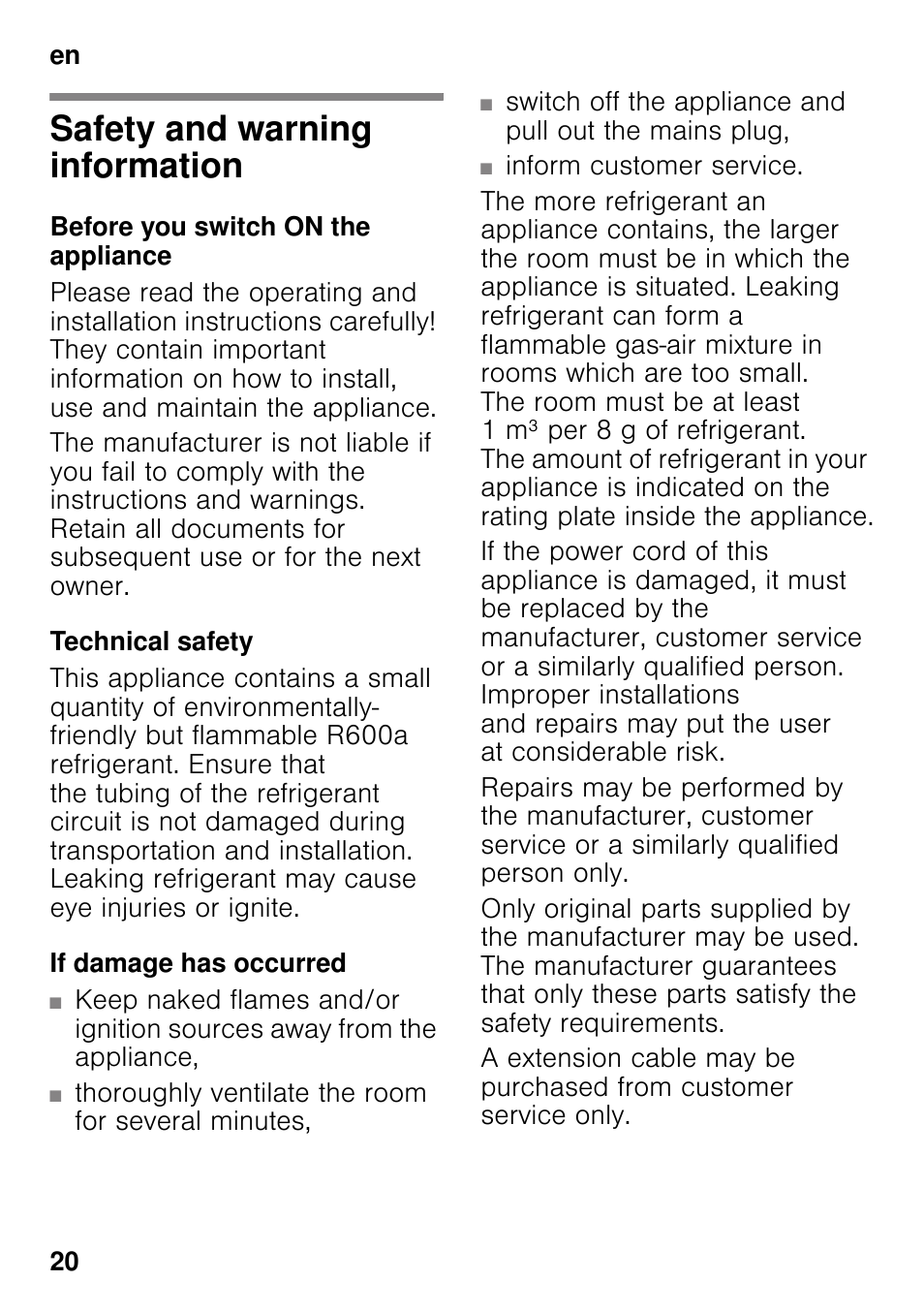 En table of contentsen instruction for use, Safety and warning information, Before you switch on the appliance | Technical safety, If damage has occurred, Instruction for use | Siemens KI41FAD30 User Manual | Page 20 / 87