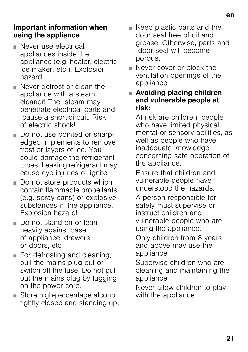 Important information when using the appliance | Siemens KI41FAD30 User Manual | Page 21 / 87