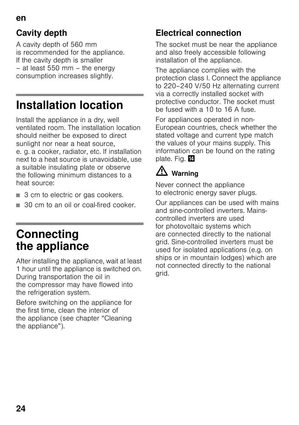 Cavity depth, Installation location, Connecting the appliance | Electrical connection, Installation location connecting the appliance, En 24 cavity depth | Siemens KI41FAD30 User Manual | Page 24 / 87