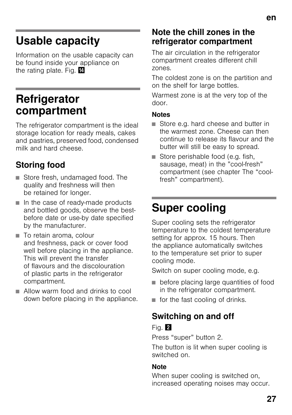 Usable capacity, Refrigerator compartment, Storing food | Super cooling, Switching on and off, Usable capacity refrigerator compartment, En 27 | Siemens KI41FAD30 User Manual | Page 27 / 87