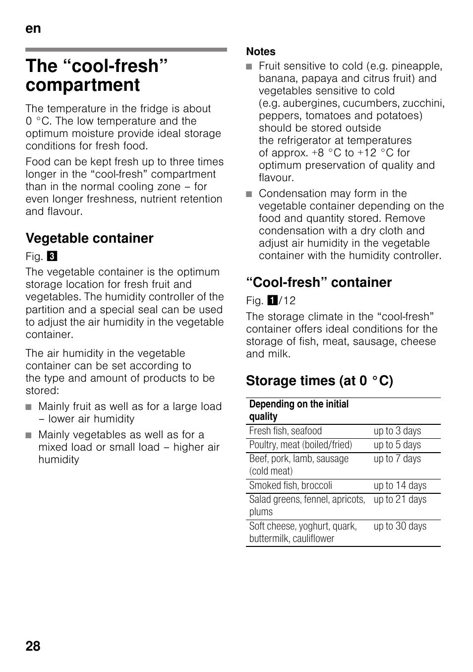 The “cool-fresh” compartment, Vegetable container, Cool-fresh” container | Storage times (at 0 °c), En 28 | Siemens KI41FAD30 User Manual | Page 28 / 87