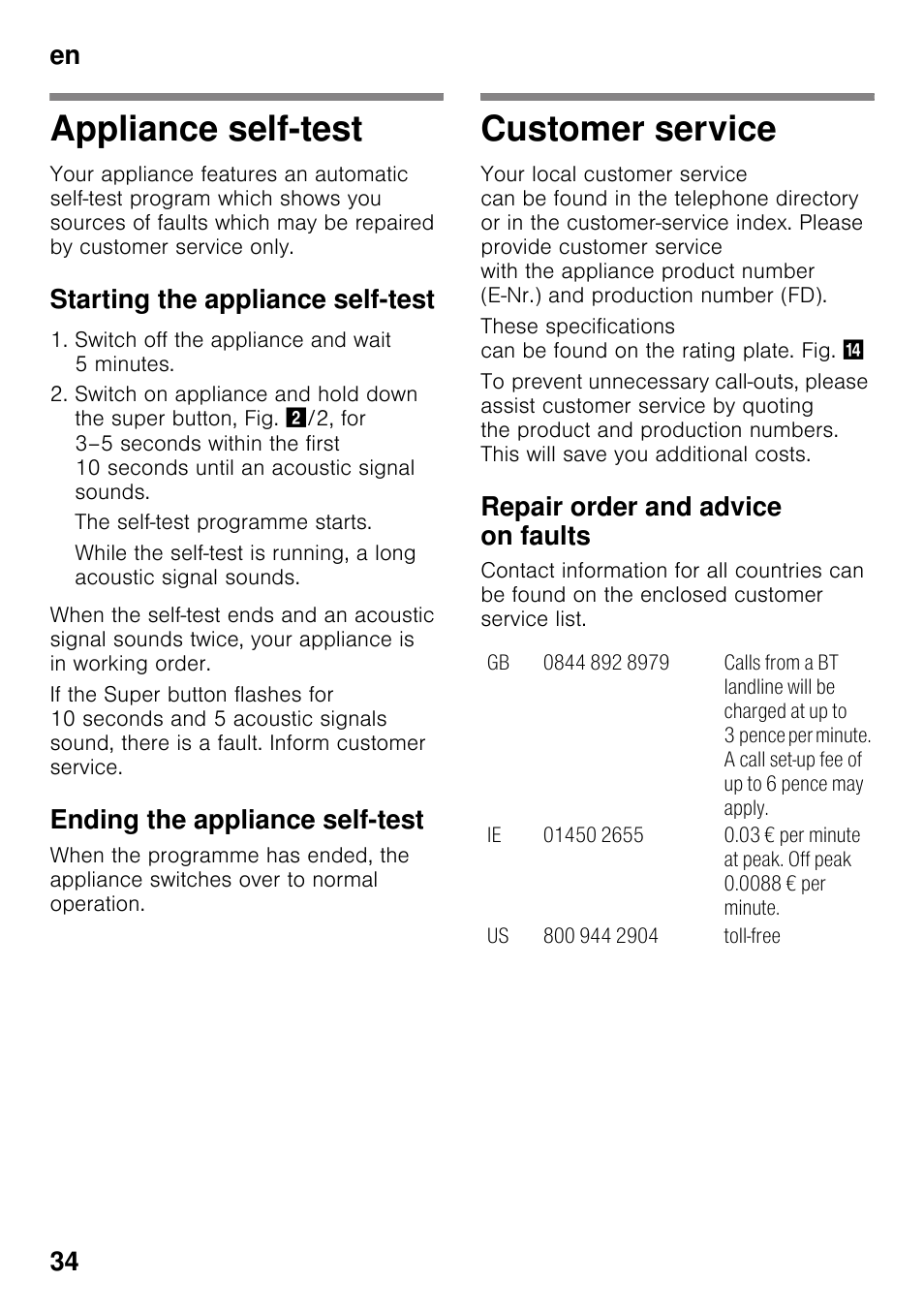 Appliance self-test, Starting the appliance self-test, Ending the appliance self-test | Customer service, Repair order and advice on faults, Appliance self-test customer service, En 34 | Siemens KI41FAD30 User Manual | Page 34 / 87